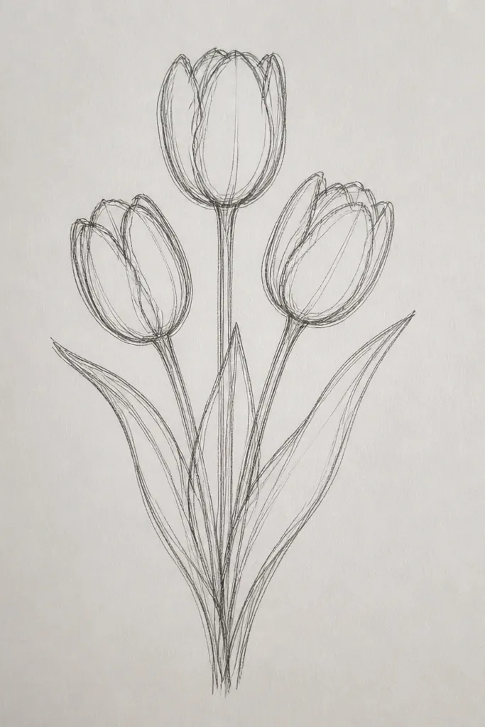 Three tulips clustered together, drawn with shared stems that meet at a single point near the bottom. Each bloom has slightly different petal angles, but the centers align neatly. Leaves overlap in a loose fan shape.