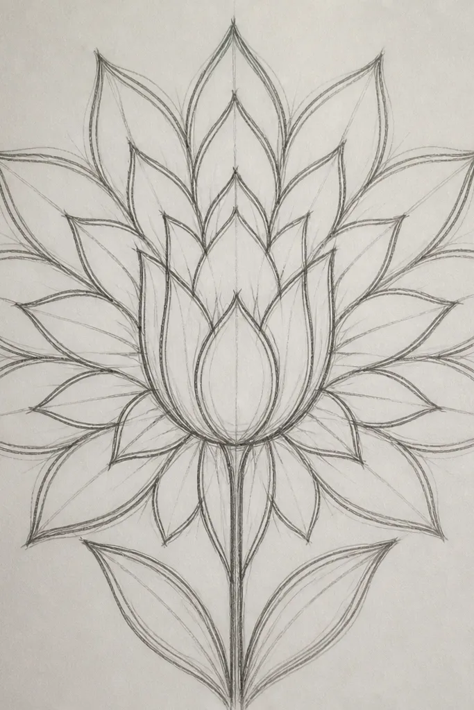 A tulip with petals radiating outward in repeating layers, like a flower inside a flower. The center is a small circle, and thin petal rays extend in a fan shape. The stem is minimal, just a line leading down.