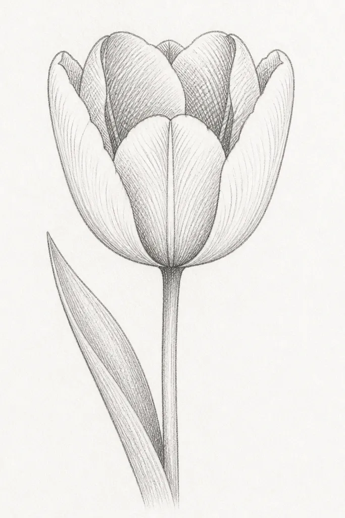 A front-facing tulip drawn in pencil with crosshatching on the inner petal folds. The outer petals are mostly linework, while the inner areas have neat diagonal hatch marks. The stem has a single leaf with light shading near the base.