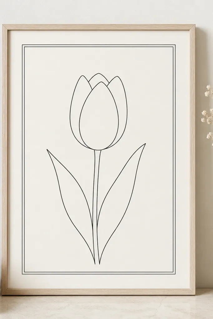 A tulip drawn with only outlines, no shading. Around it is a thin double-line border rectangle that frames the bloom. The petals are clean teardrops with a small notch at the top where they meet.