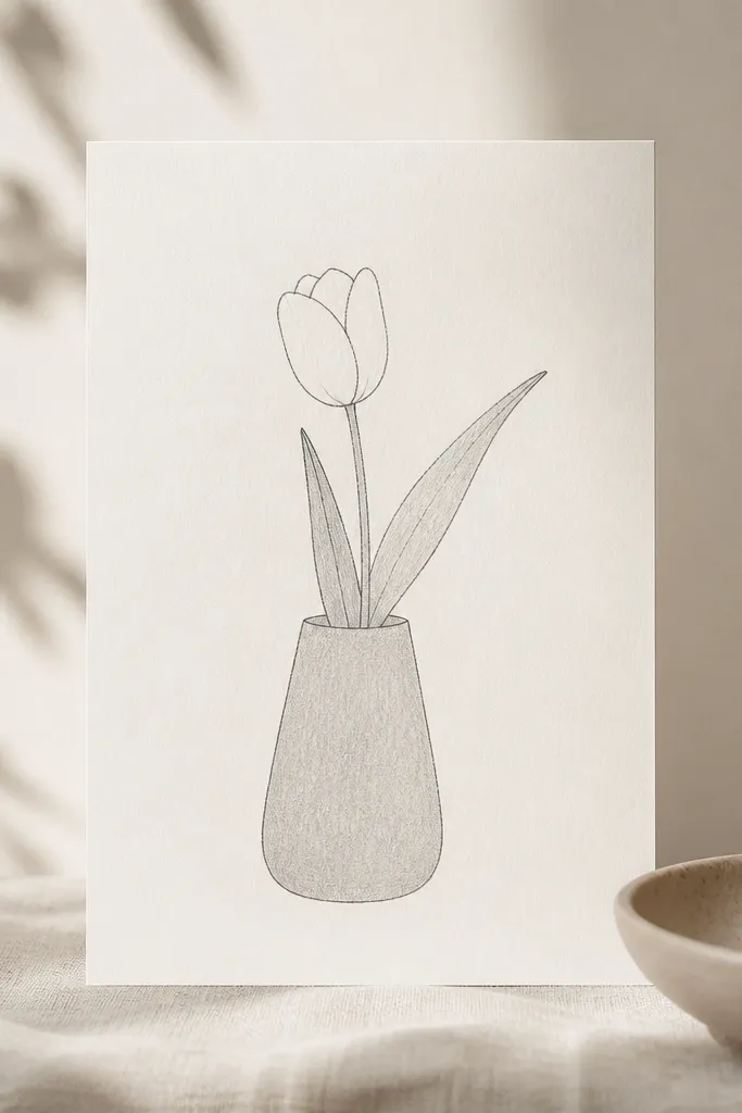 A tulip drawn above a simple vase shape - a rounded trapezoid with a narrow opening. The vase is filled with a light gray pencil tone, while the tulip petals are mostly white space with thin outlines. One leaf leans outward.