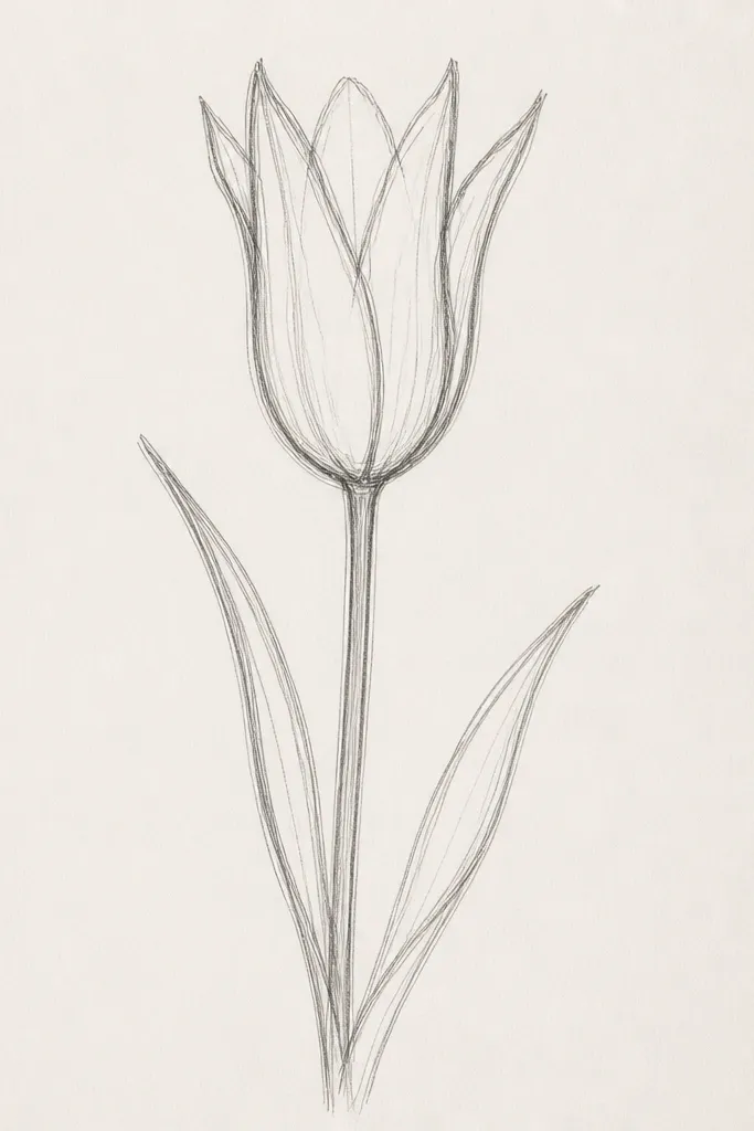 A tall tulip with long narrow petals leaning to the right. The petals are drawn as stretched teardrops with pointed tops. The stem is slender and has two leaves, one small and one longer.