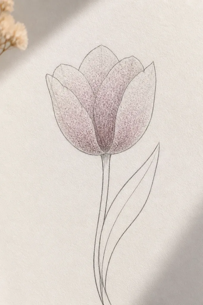 A tulip outlined in pencil with speckled dots inside the petals, like watercolor texture. The dots are denser near the center and lighter toward the petal edges. The stem and leaf are clean linework with no speckling.