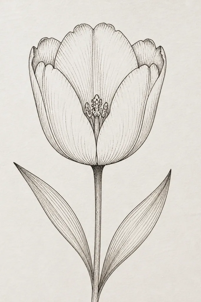 A front-facing tulip drawing where the center has small dot clusters. The petal tops have tiny notches, like little bite marks, and the inner folds are shown with short lines. The stem is thin with two leaves.