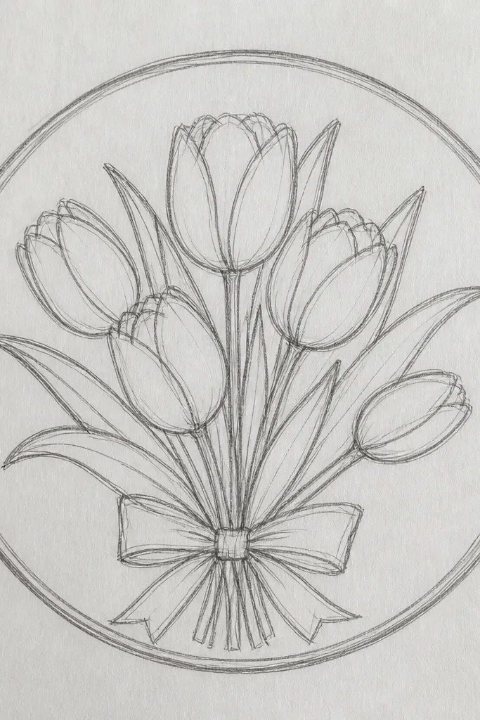 A circular badge with two tulips peeking up from the bottom and a third tulip smaller in the center. The circle outline is bold, and there are small leaf accents around the blooms.