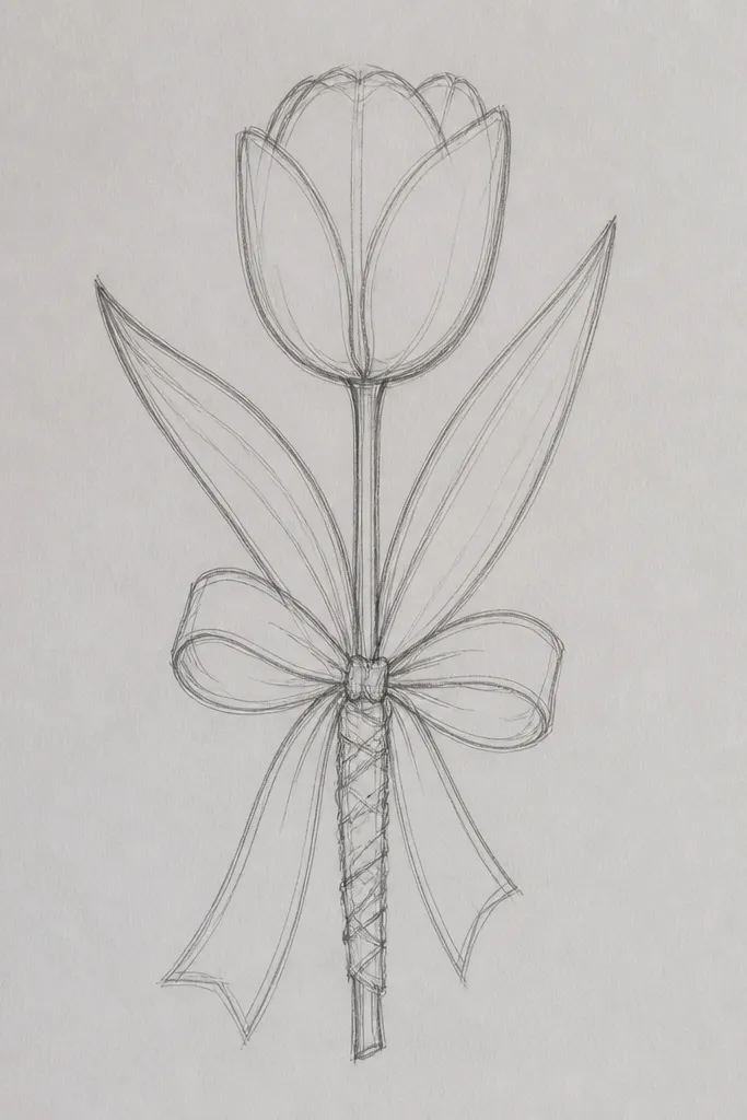 A tulip flower with a stem that wraps like a ribbon and ends in a small bow. The petals are outlined with a gentle curve, and the ribbon has two loops. Leaves are minimal, just one blade.