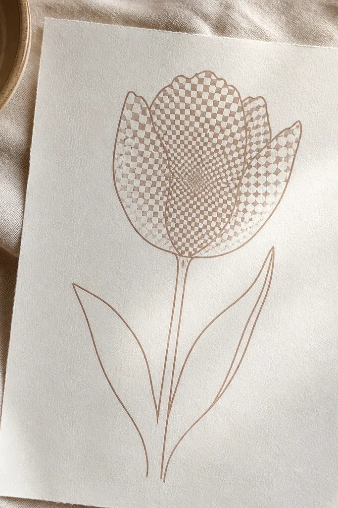 A tulip outline filled with a light checkerboard pattern inside the petals. The checker pattern is denser near the center and breaks at the petal edges. The stem and leaves are plain linework.