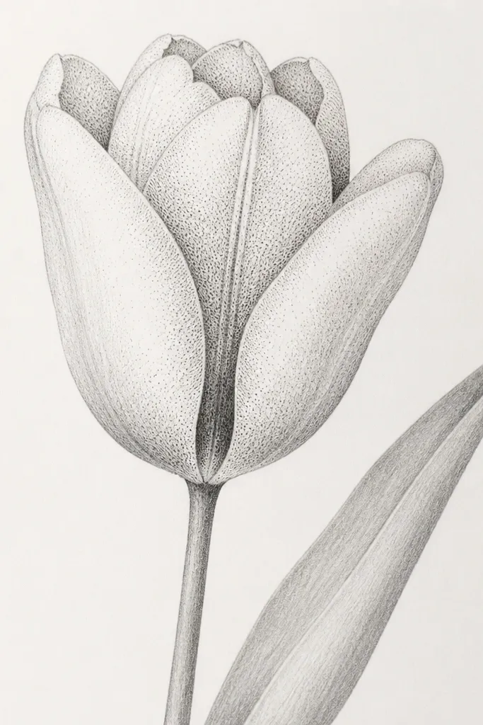 A tulip drawn in pencil with stipple dots forming a soft gradient on the inner petals. The dots are tight near the center folds and sparse near the outer edges. The stem is clean and the leaf has minimal vein line.