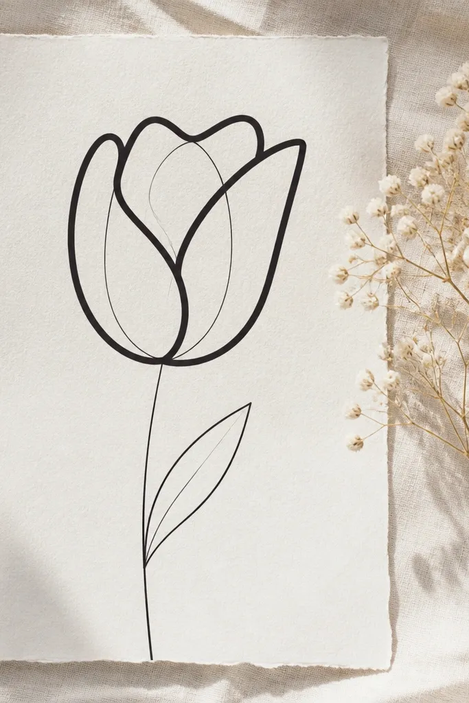 A tulip drawn with a bold loop outline around the petals, like one continuous thick line. The inner petals are hinted with lighter lines. The stem is a thin line with a small leaf.