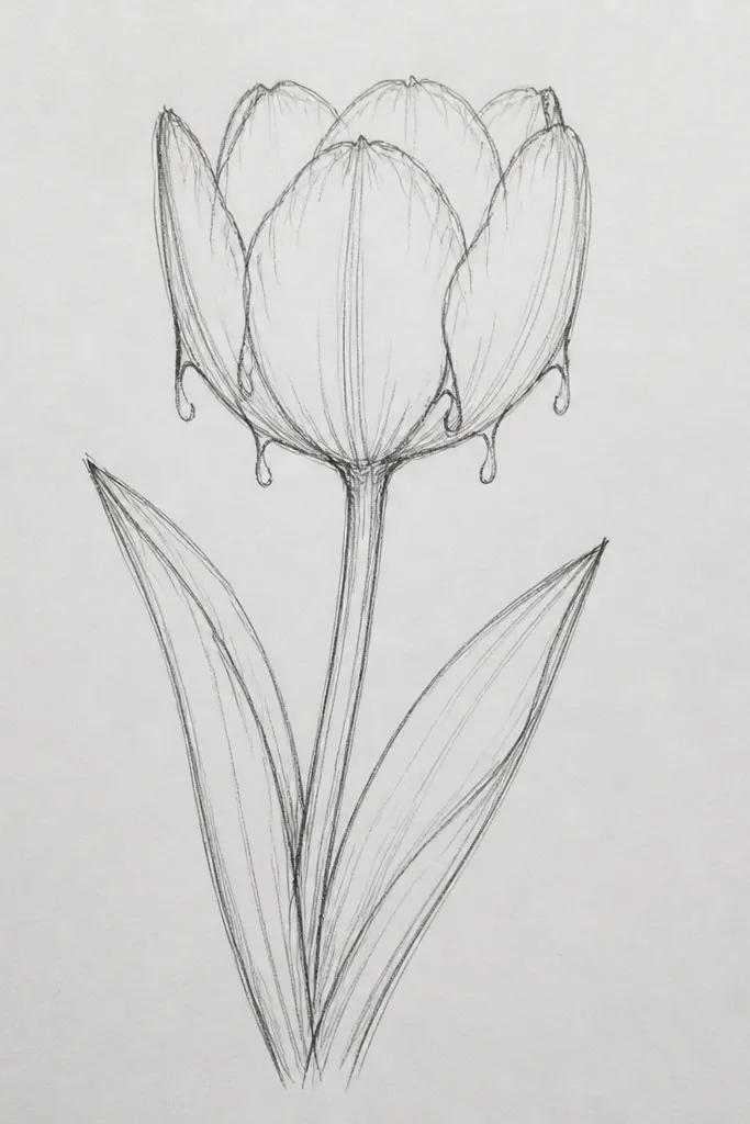 A tulip with small hanging teardrop shapes along the lower edges of the petals. The petals are outlined with delicate lines, and the center is a small teardrop. The stem has one leaf, and the hanging drops cluster near the petal base.