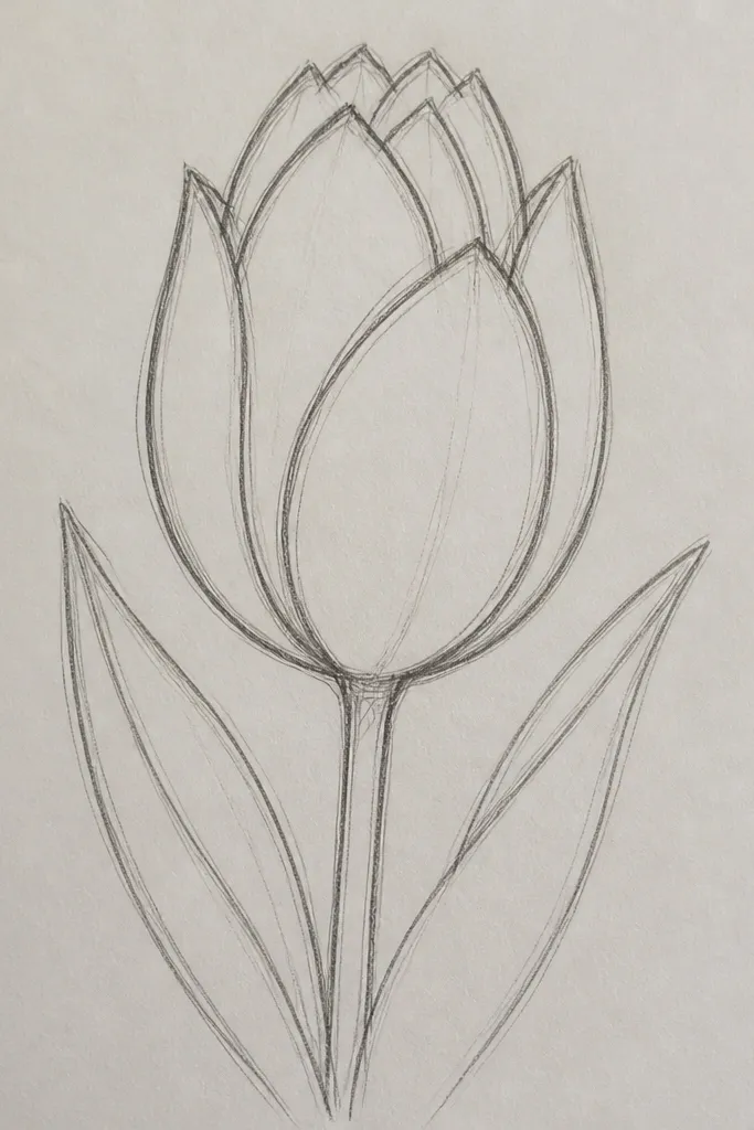 A bud tulip drawn with three visible petal tiers. The outer tier looks like a narrow cup, the middle tier is slightly shorter, and the inner tier is a small pointed fold. The stem is straight with two leaves.