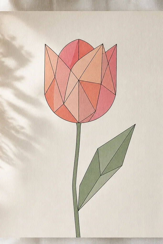 A tulip drawn with geometric panel lines inside each petal, creating triangle and trapezoid sections. The outer petal edges are smooth, but the interior has crisp straight segments. The stem is thin, with one leaf that has angular edges.