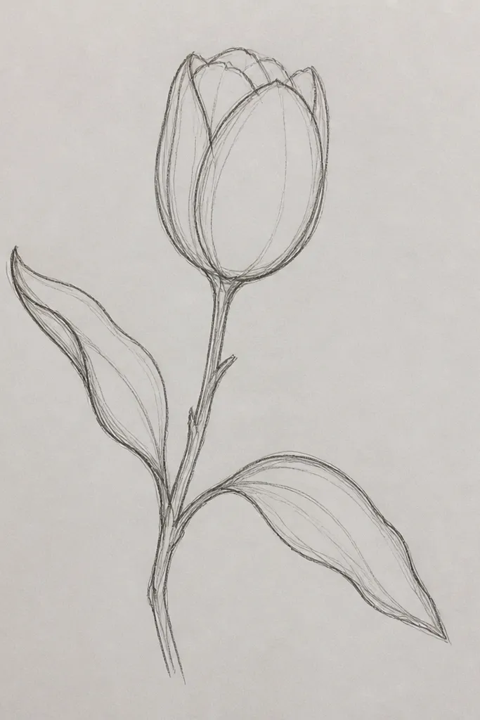 A tulip with a stem that splits into two small branches near the base. Two leaves grow from those branches, one curving left and one curving right. The tulip bloom is front-facing with clear petal folds.