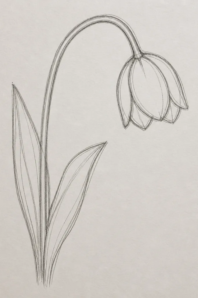 A tulip hanging downward from a curved branch line. The petals droop slightly, the center points down, and the leaf sits near the branch. The branch has a gentle arc and the line weight stays consistent.