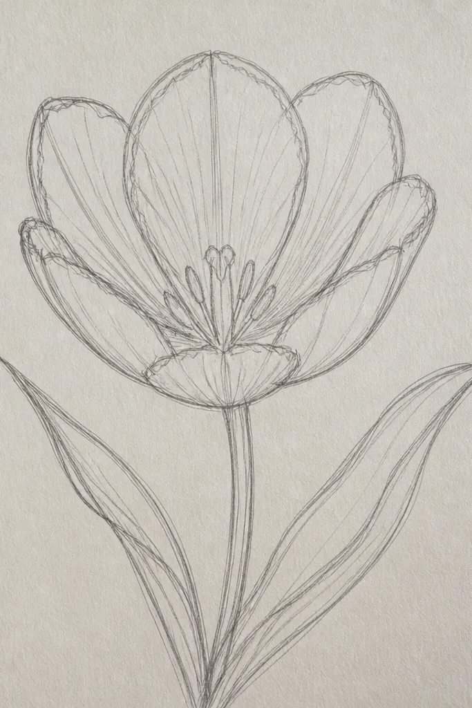 A tulip front-facing with a center circle and straight, spoke-like lines radiating into the petals. The spokes are drawn as short strokes that stop at petal edges. The outer petals are smooth curves, and the stem is thin with two leaves.