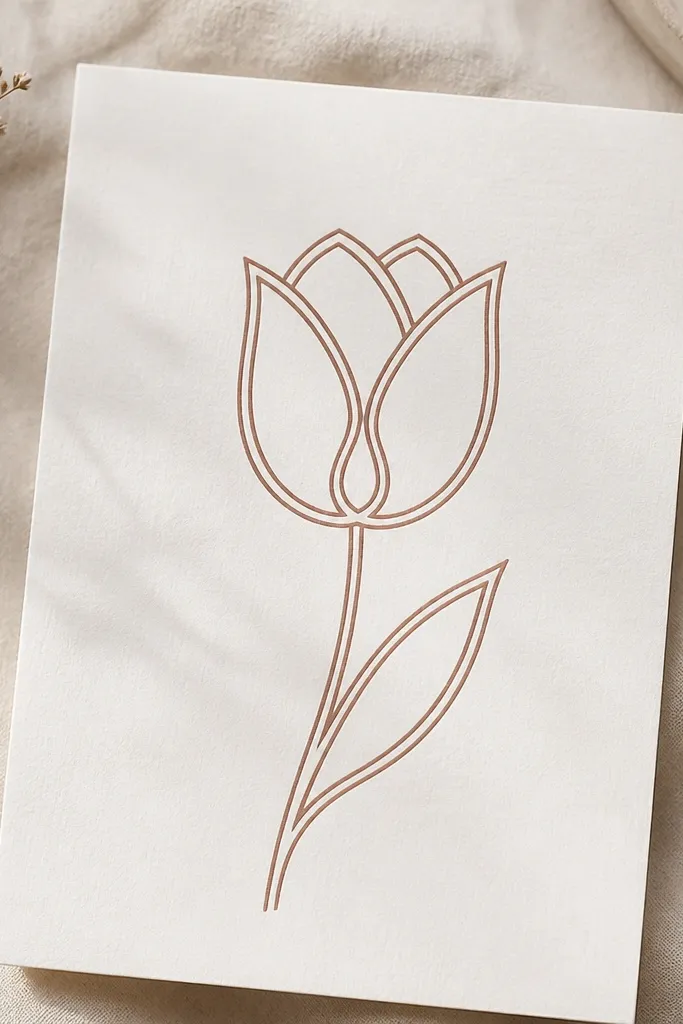 A tulip drawn with two outlines for each petal, creating a thin negative-space band between them. The inner bands are left white. The center is a small teardrop with a blank highlight area. Stem and leaf are simple linework.