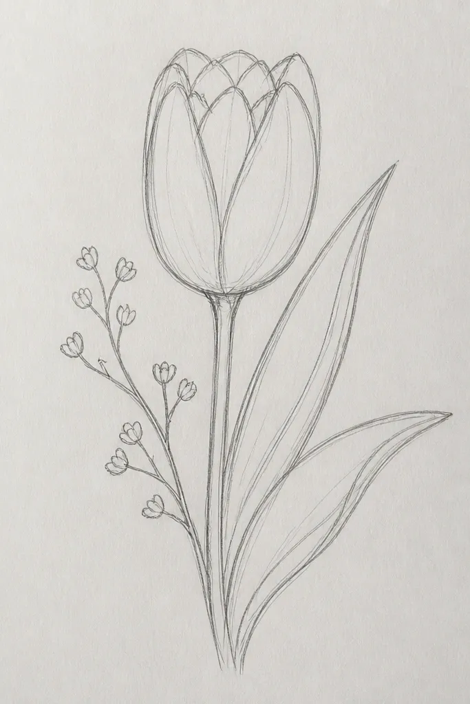 A main tulip bloom on the left with a side leaf cluster on the right. Two tiny bud shapes sit near the main stem top, drawn as small teardrops. Leaves overlap in a loose, natural fan.
