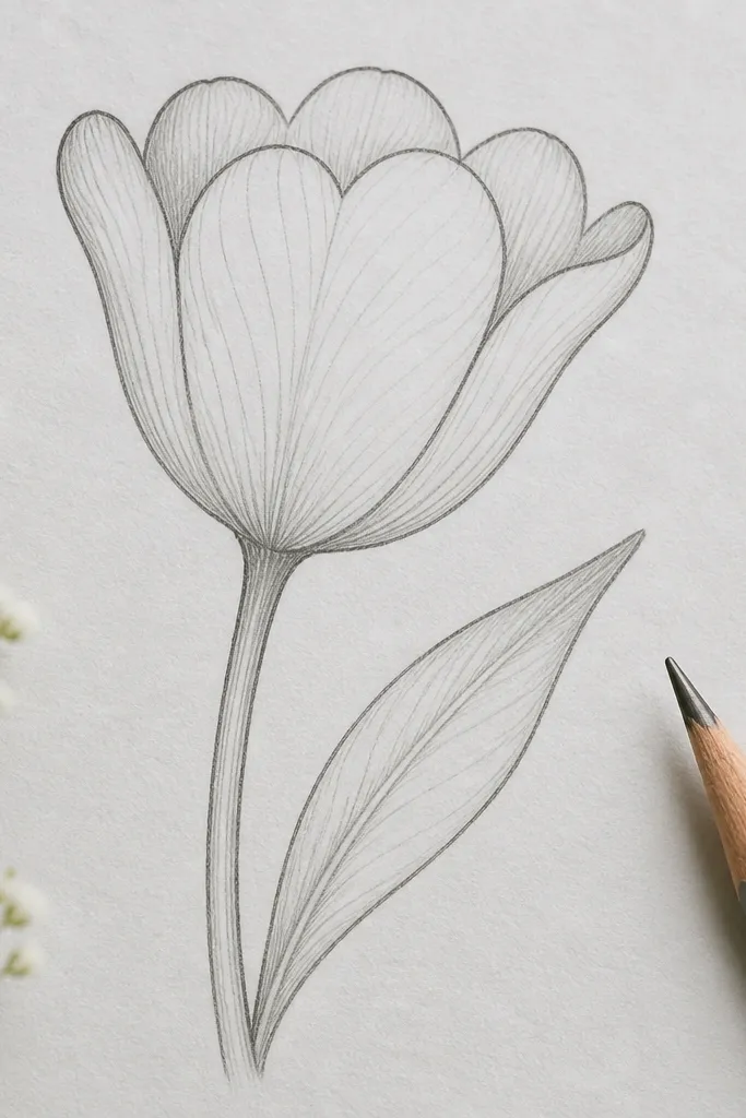 A tulip with petal tips shaped like soft hearts, outlined in pencil. Inside the petals are thin vein lines running from near the center toward the tip. The stem has one leaf with a clear vein line.