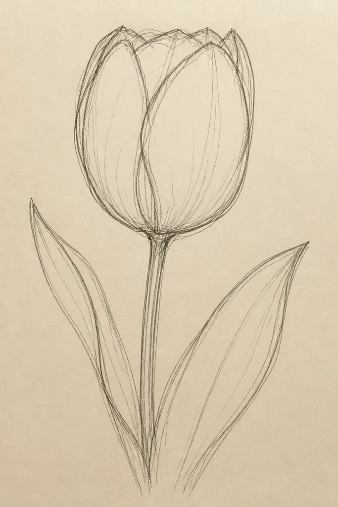 A single tulip drawn large on warm cream paper. The petals overlap in a clear stack. Outer edges are outlined in dark brown, crease lines are faint gray, and the center has a pale yellow glow with soft pink shading near the fold.