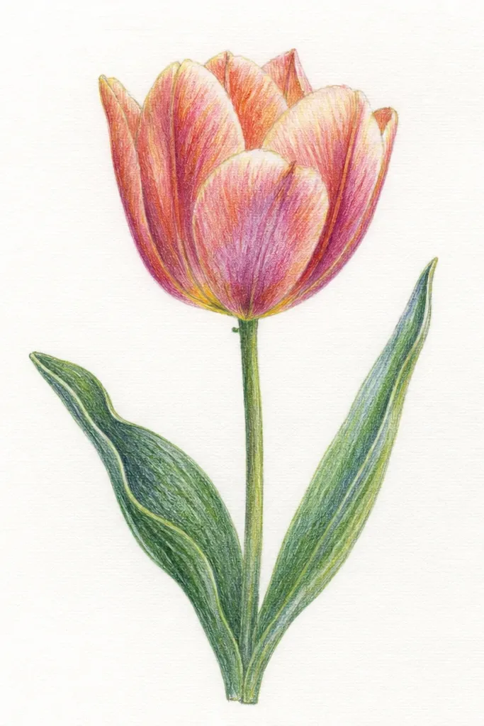A tulip petal drawing where each petal has two bright edge lines. The outer rim is outlined dark, then a second thin highlight runs just inside the rim. Petals are shaded in soft coral and pale peach with a white inner center.
