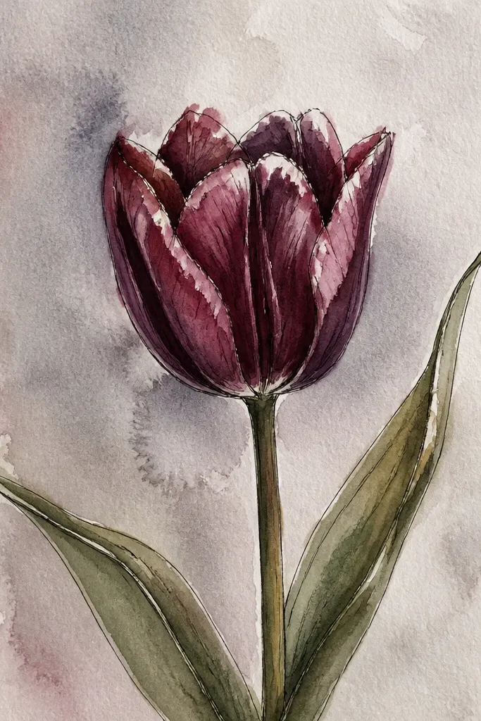 Deep burgundy tulip petals centered on a page with a pale blue-gray frosted watercolor wash behind them. The petals have cream edges and lighter shading near the fold. Small speckles float in the background like winter frost.