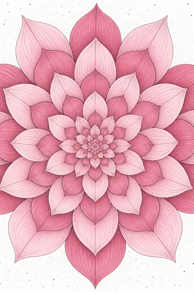 A square drawing where the center tulip petals repeat outward like a mandala. Each petal layer is outlined and shaded in alternating pink and dusty rose. The background is white with small ink dots.
