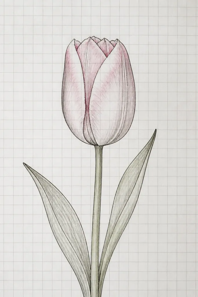 A grid-paper page with a centered tulip. Petal outlines are drawn in pencil with darker pen accents along the folds. The shading is minimal: light gray crease lines and a few controlled pink washes.