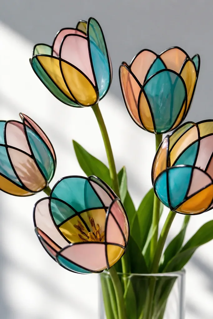 Tulip petals outlined with thick black lines like stained glass. Each petal is filled with translucent color blocks: teal-blue, pink, and honey yellow, with white gaps between lines.