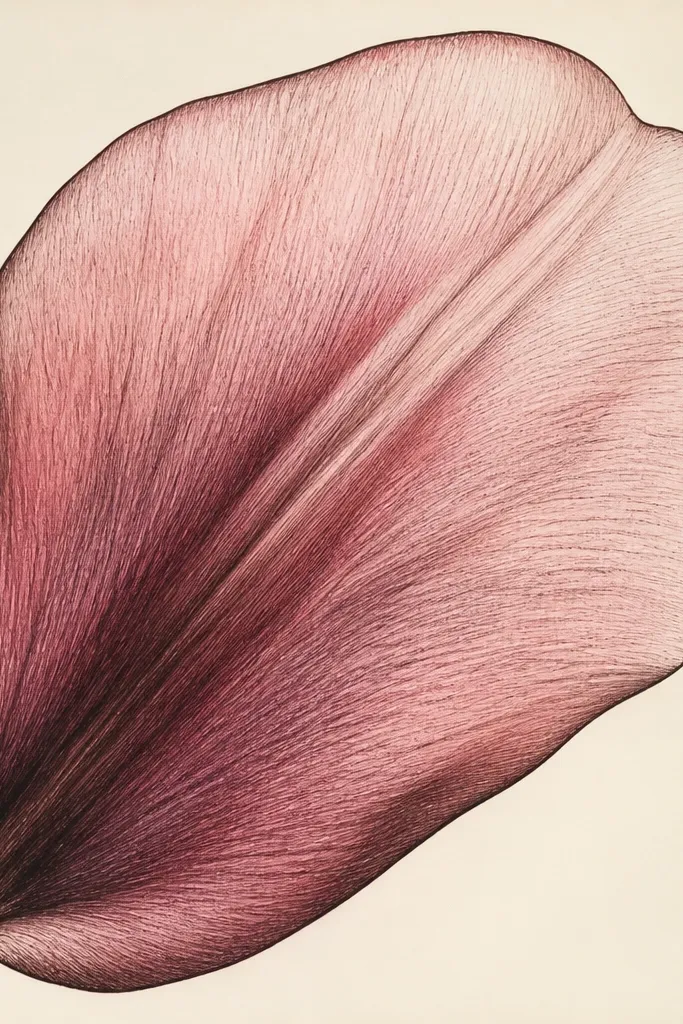 A close-up tulip petal occupying most of the page. The petal has a dark outline and crosshatch shading that follows the petal curve. The crease area is darkest, and the tip stays light.