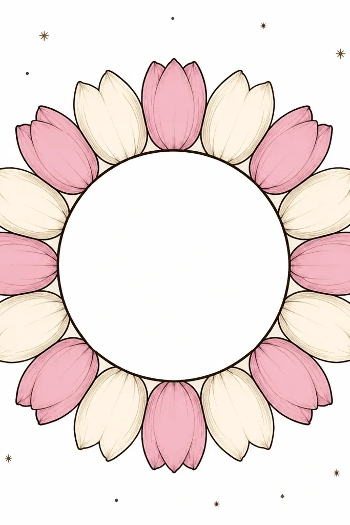 A circular ornament drawing. A wreath of tulip petal shapes surrounds a plain circle center. Petals alternate between pink and pale cream with dark outlines. The background is white with a few tiny star-like dots.