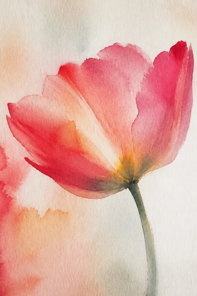 A tulip viewed from the side. The petals overlap like a closed cup. The wash behind it is light and watery, and some color bleeds slightly at the edges for a soft painterly look.