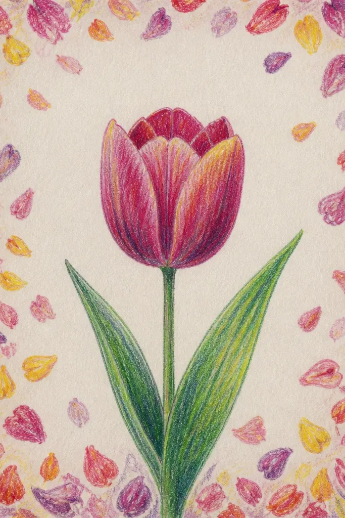 A clean tulip bloom in the center with crisp outlines. Around it, the background is filled with small petal-shaped confetti in pink, gold, and cream. The tulip petals are shaded softly with colored pencil.
