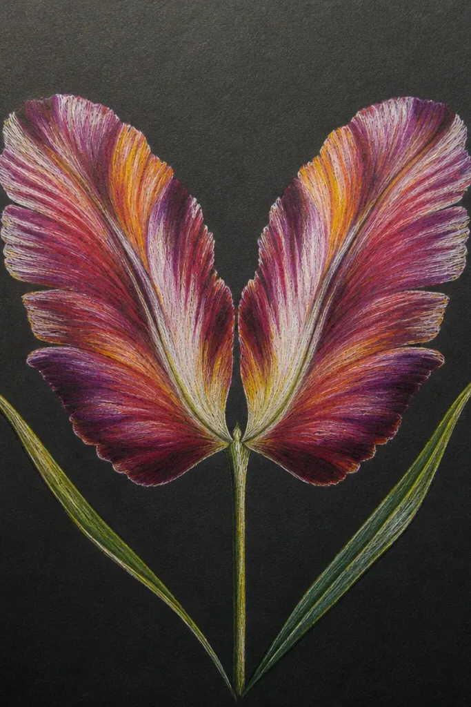 A dark charcoal background with a mirrored tulip petal design. Two tulips face each other like wings. Petals are outlined in white gel pen and shaded with pale pink and lavender, with a brighter center glow.