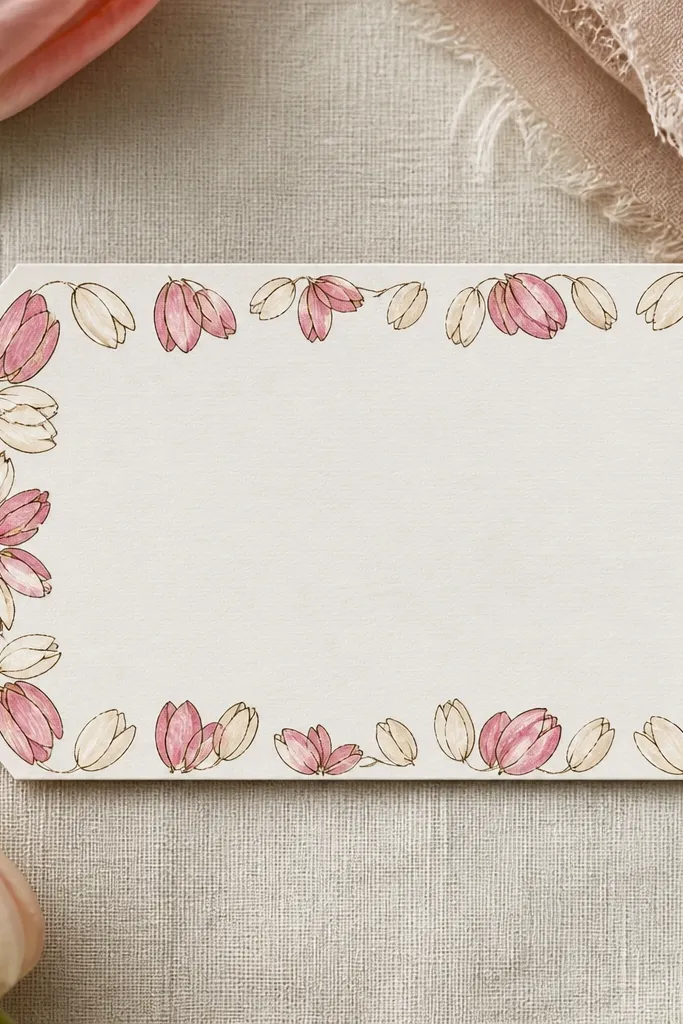 A rectangular gift tag drawing with a tulip petal border along the edges. The center is mostly blank for writing. The border has small tulip petal clusters in pink and cream, outlined with brown ink.