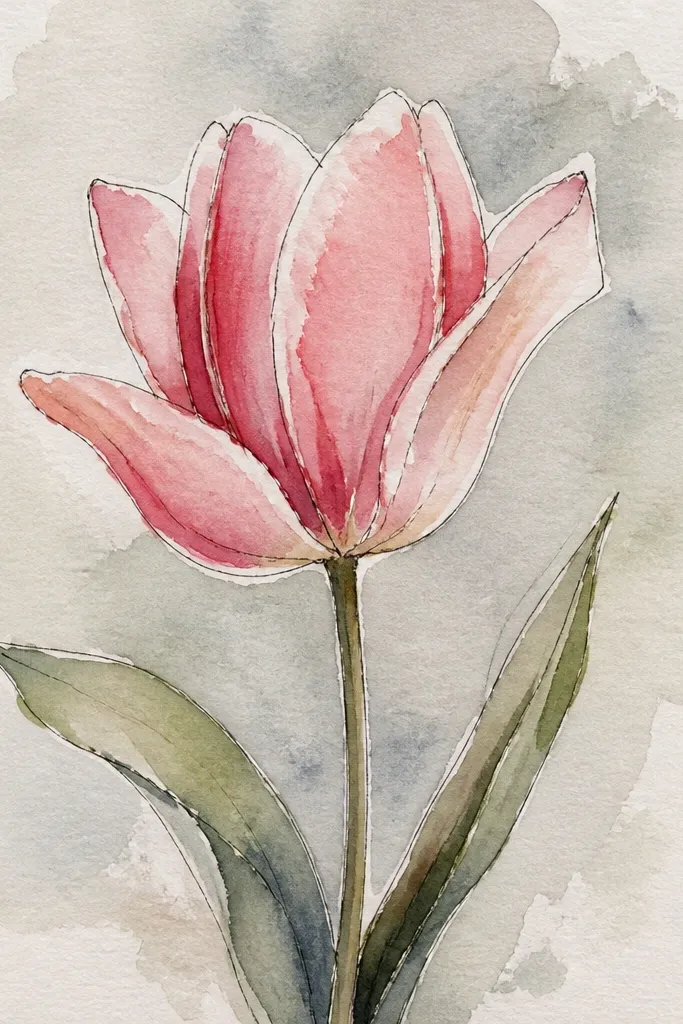 Watercolor tulip petals with soft edges. The outer rim has bright white "bleached" highlights where the paper looks intentionally lighter. The center is pale yellow with a darker rose fold.