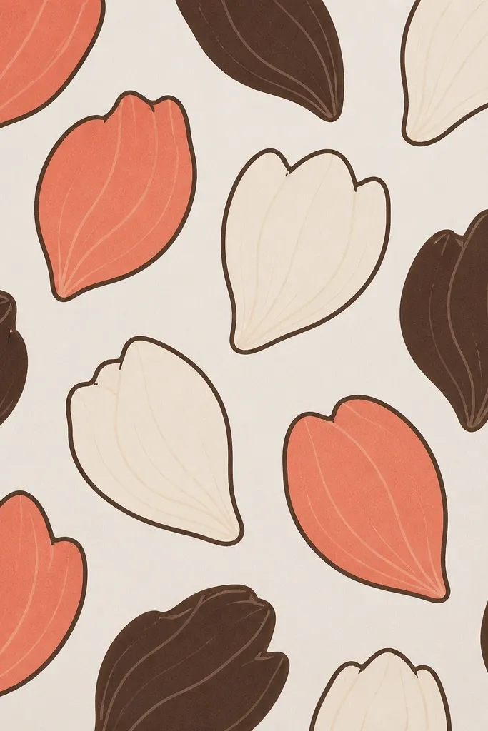 A patterned page of tulip petals where every outer edge line is the same thickness. Petal folds are drawn with a slightly lighter line. Colors are limited to three tones: coral, cream, and dark brown.