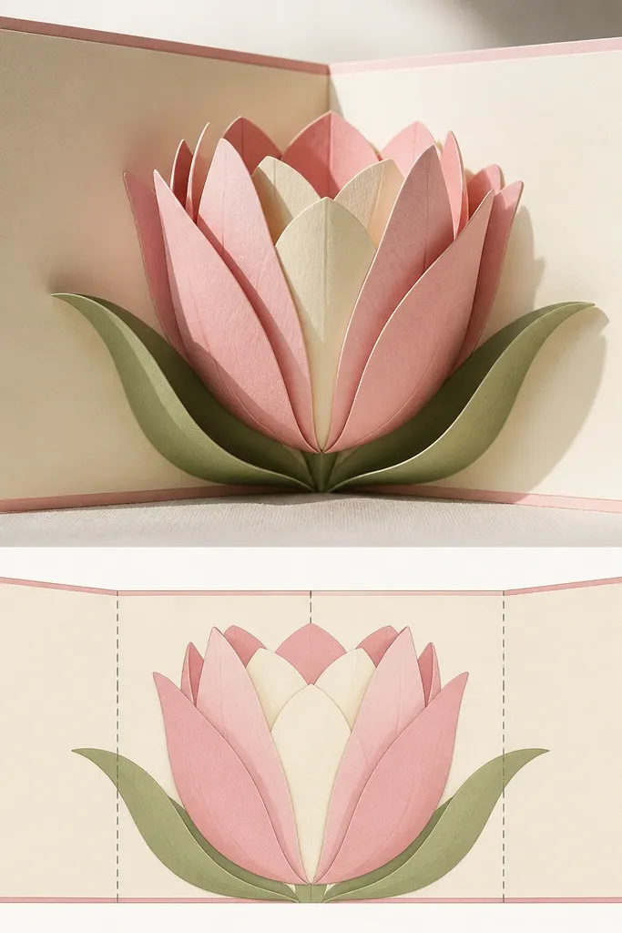 A drawing concept for a pop-up card. The tulip petals are shown in layers with shadow lines. Petals are shaded in pink and cream, and there are dotted fold lines indicating where the card bends.