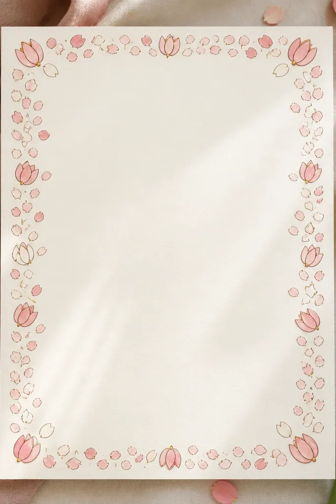 A rectangular page with a tulip confetti border made of tiny petal shapes. Each main tulip petal has a gold metallic dot at its center. The main palette is pink, cream, and deep brown outline.
