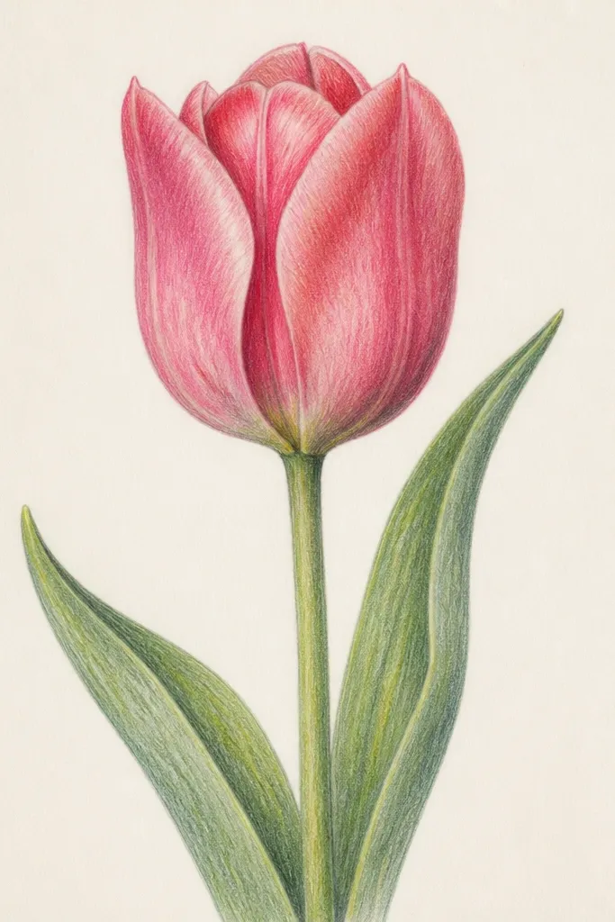 A tulip drawn in colored pencil with a very controlled smudge gradient. The crease areas have smoky shading that fades outward, while the rest of the petal stays mostly clean. The center is pale yellow with a crisp highlight.