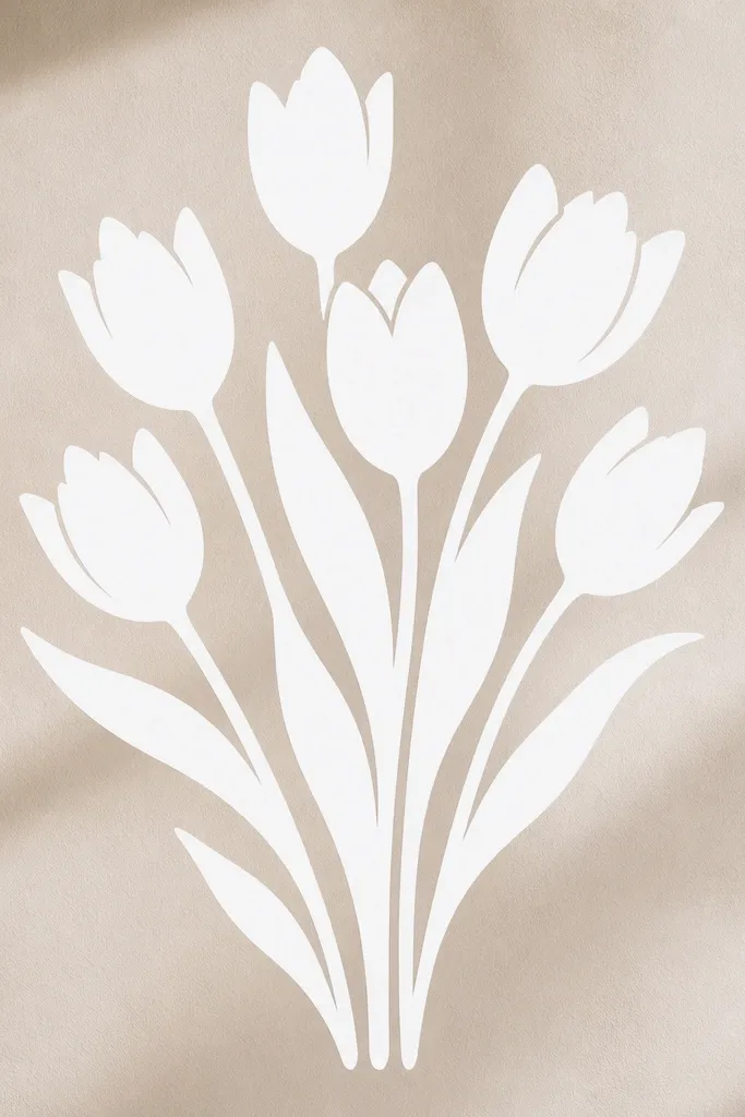 A bouquet silhouette made from tulip petal shapes. The background is colored lightly, and the tulip petals are created by negative space, leaving white petal outlines where the background is removed.