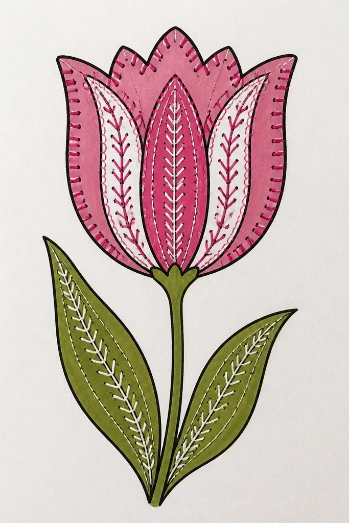 A tulip petal drawing where the petal edges look stitched. Small dashed stitch marks run along the outer rim. Petals are colored in pink and cream with a dark crease line.