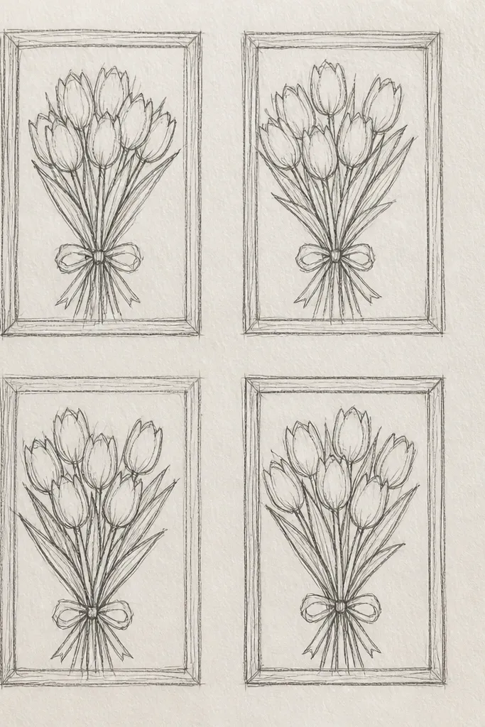 A grid of small mini frames on one sheet, each containing a tulip petal bouquet. Frames are thin and consistent, and each bouquet uses a different color palette but the same petal layering style.