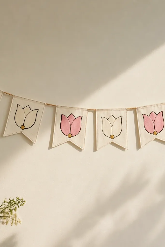 A banner drawing with small flag shapes. Each flag has a tulip petal motif. Flags alternate between pink tulips and cream tulips with a simple dark outline and a small gold dot center.