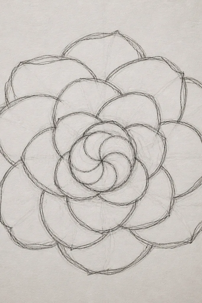 A circular tulip petal spiral. Petals wrap inward toward a bright center whorl. The petals are shaded in gradients from pale yellow center to deeper pink outer edges. Thin lines form a rose-window feel.