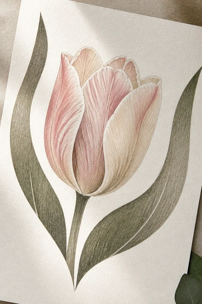 A tulip petal drawing where leaf shapes cut out negative space around the tulip. The tulip petals are shaded in muted pink and cream. White gel pen highlights run along the petal edges and a few leaf veins.