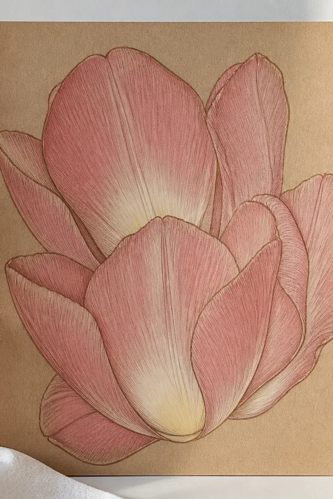 A kraft paper drawing of several tulip petals layered. Petals are outlined in dark brown, shaded in muted pink, and the center glow is painted in opaque cream gouache with a smooth, creamy finish.