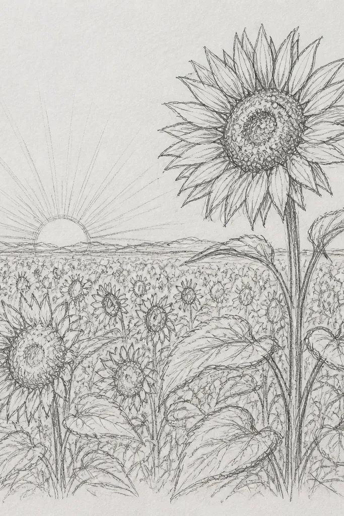 Sunflowers in a sunrise row with one tall bloom in the foreground