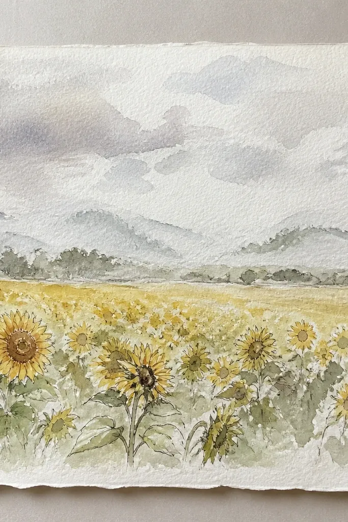 Sunflowers under a cloudy sky with hazy distant blooms