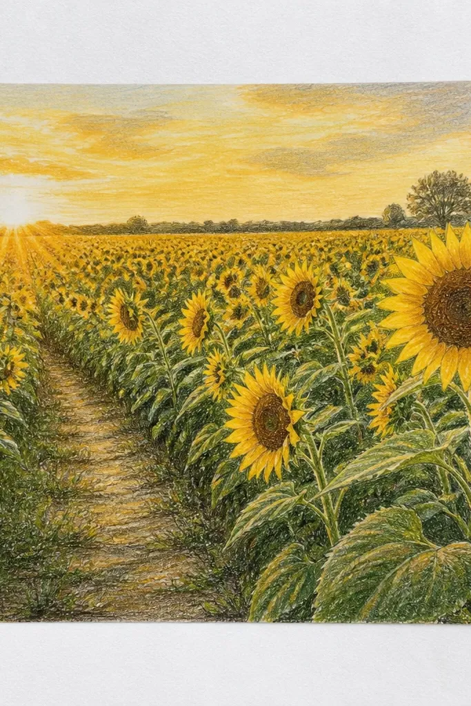Sunflowers along a diagonal path with golden hour lighting