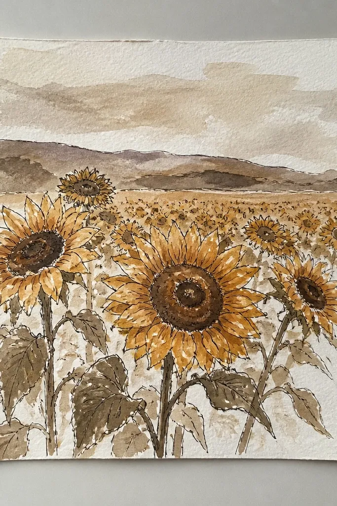 Sunflowers in a sepia tone field with dark ink outlines